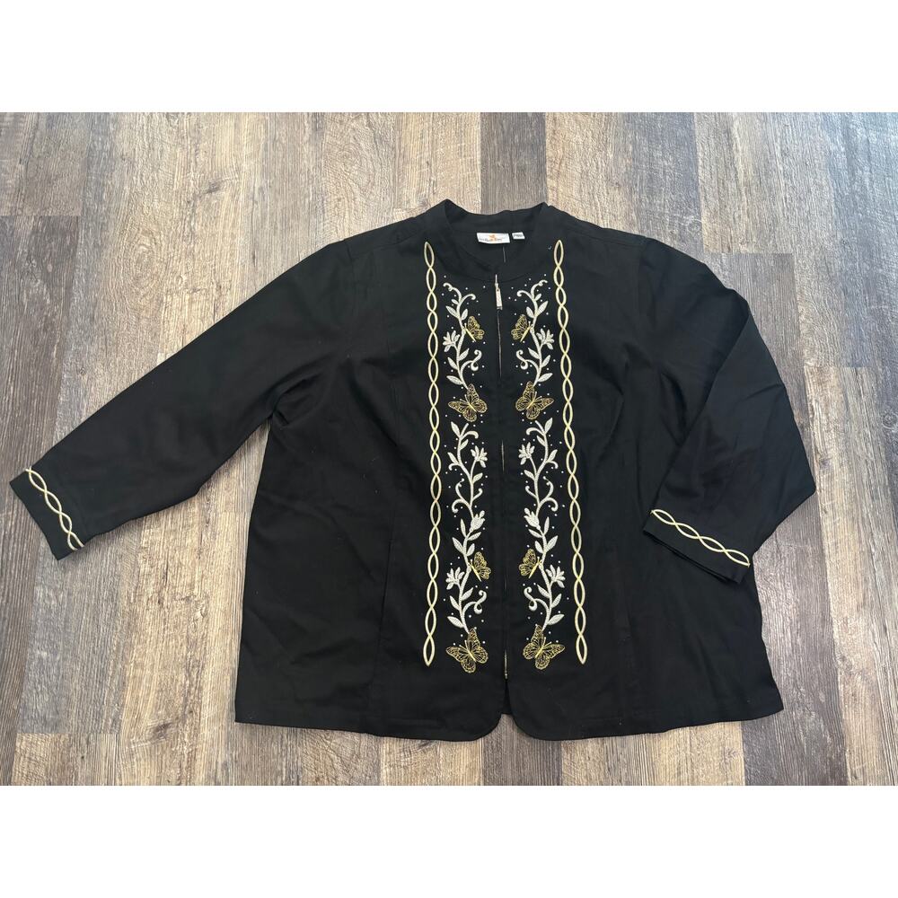 Quacker Factory Black Butterfly Embroidered Zip Front Jacket Rhinestone 3X NEW